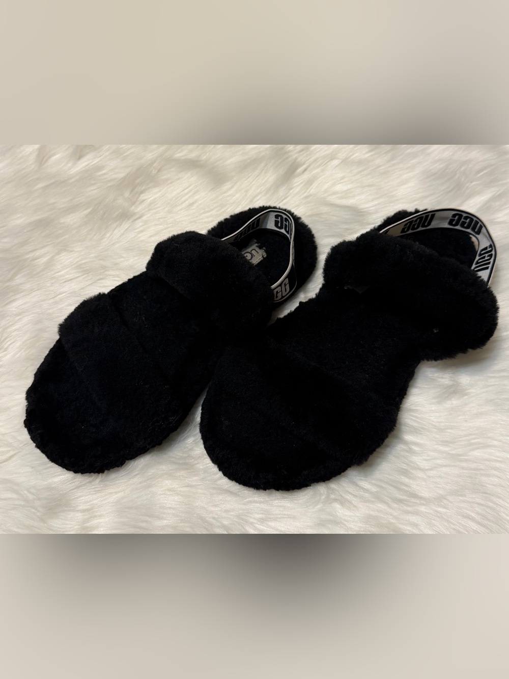 UGG Black Plush Slide Sandals with Branded Heel Strap